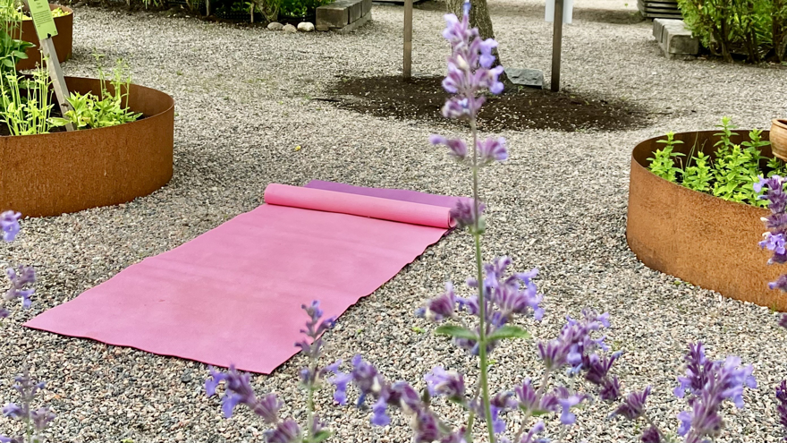 En yogamatta ligger på en grusgång i en trädgård