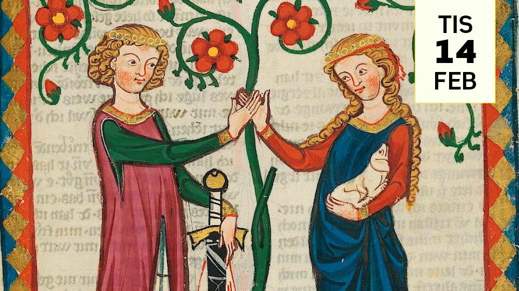 En man och en kvinna i medeltida kläder som håller varandra i handen