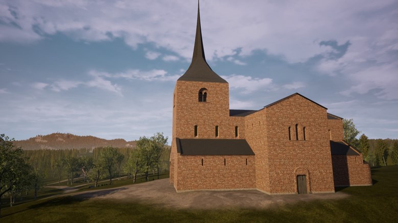 En 3d-animerad bild som visar en medeltida kyrka byggd i tegel. Kyrkan är omgiven av skog och beg.