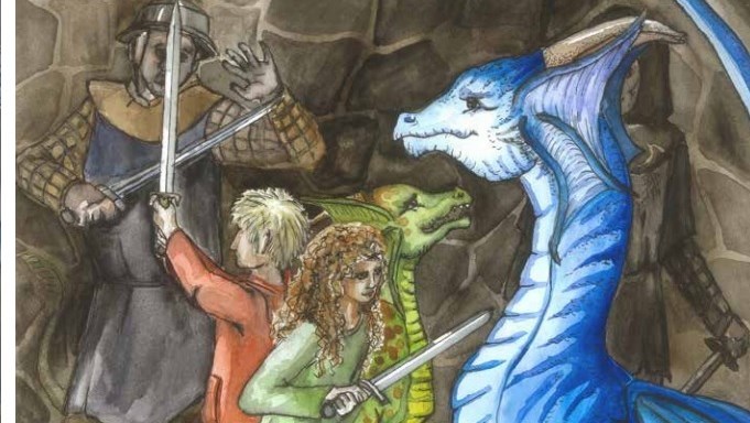 En tecknad bild med två barn som slåss mot en drake och en riddare