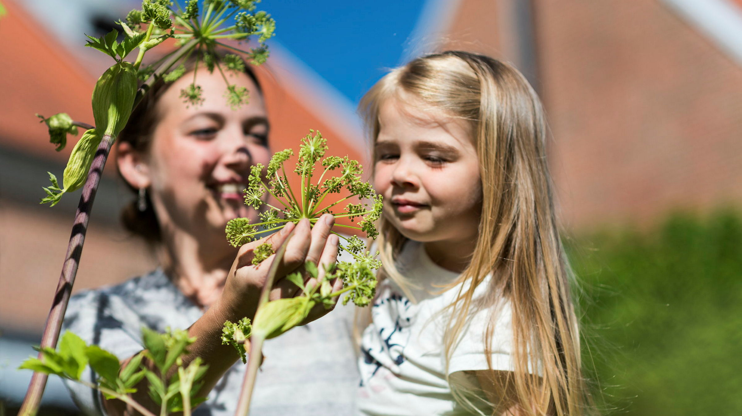 En kvinna och ett barn luktar på en korgblommig växt, en tegelbyggnad syns i bakgrunden, solen lyser