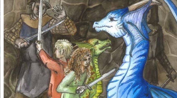 en ritad bild med två barn som slåss mot en drake och en riddare