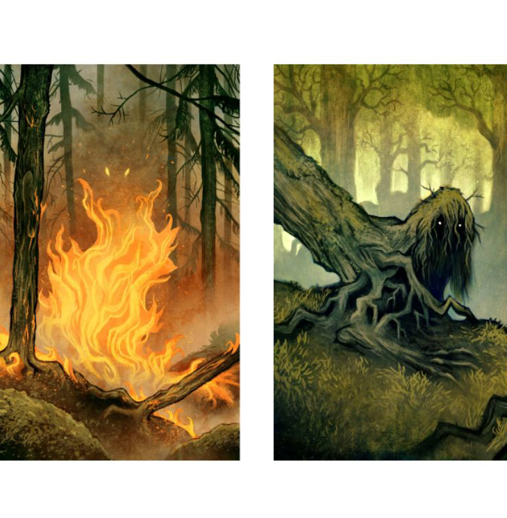 Fyra illustrationer som föreställer de fyra elementen