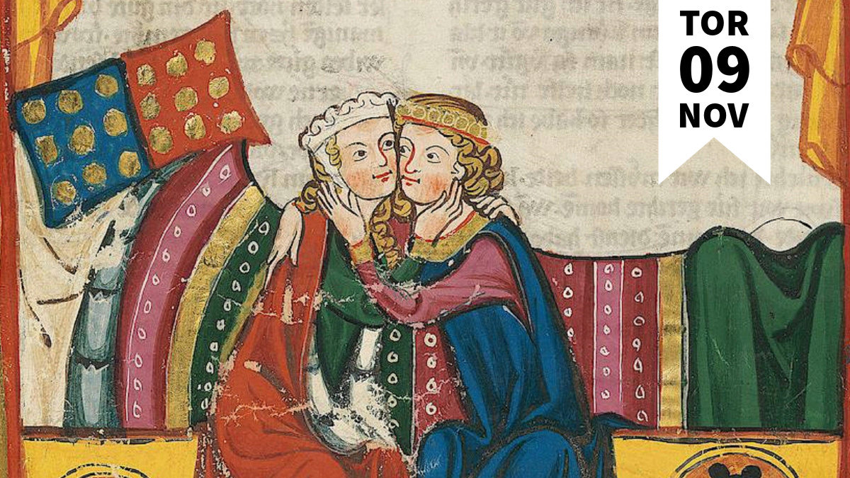 En medeltida bild med en man och en kvinna som håller om varandra