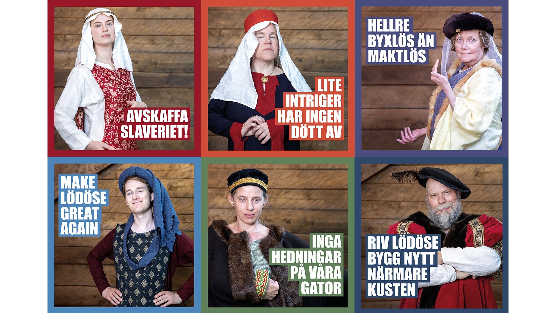 Sex st. porträttbilder av personer i medeltida kläder.
