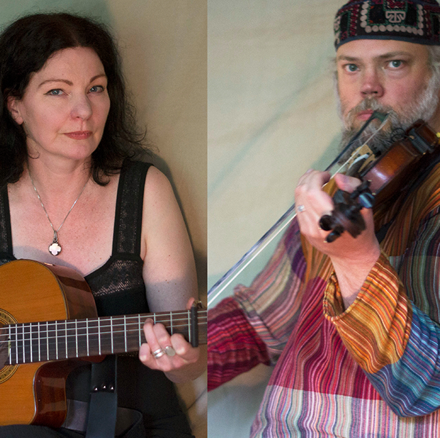 Två porträttfoton av en kvinna som spelar gitarr och en man som spelar fiol.