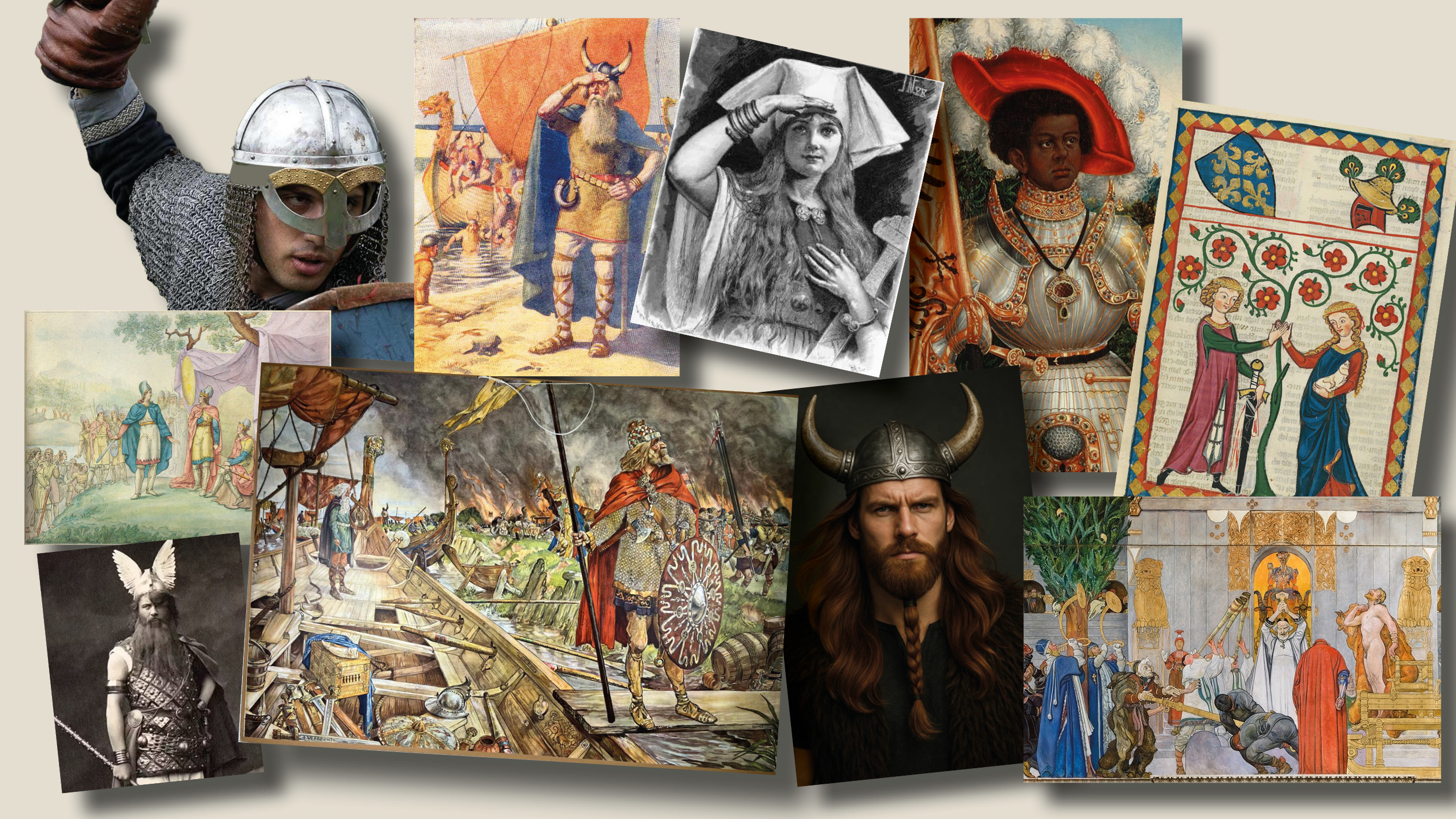 Ett collage av fotografier och illustrationer föreställande vikingar