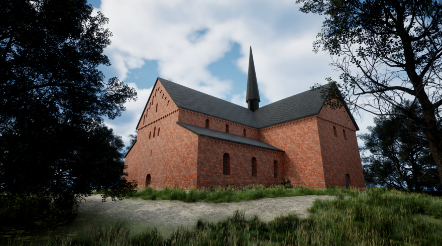 En 3d-animering av tegelkyrkan i Edsleskog