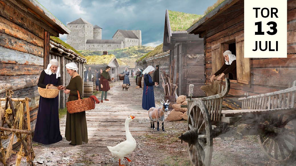 Medeltidsklädda människor är inklippta i en medeltida stadsmiljö