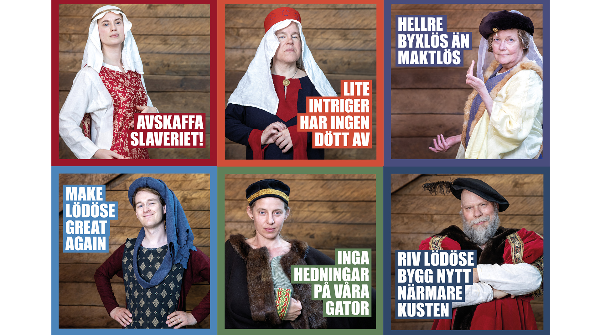Sex st. porträttbilder av personer i medeltida kläder.