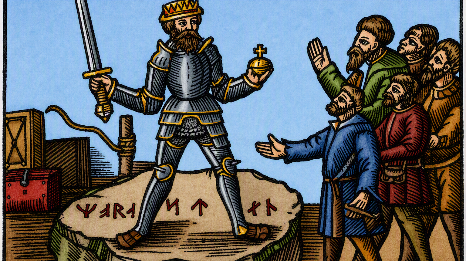 Illustration av en man i rustning omgiven av andra män