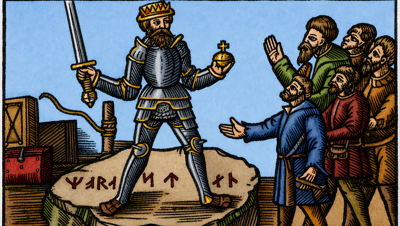 Illustration av en man i rustning omgiven av andra män