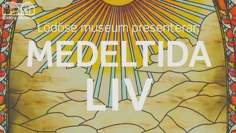 En målad bild med solstrålar. En text lyder "Lödöse museum presenterar: Medeltida Liv".