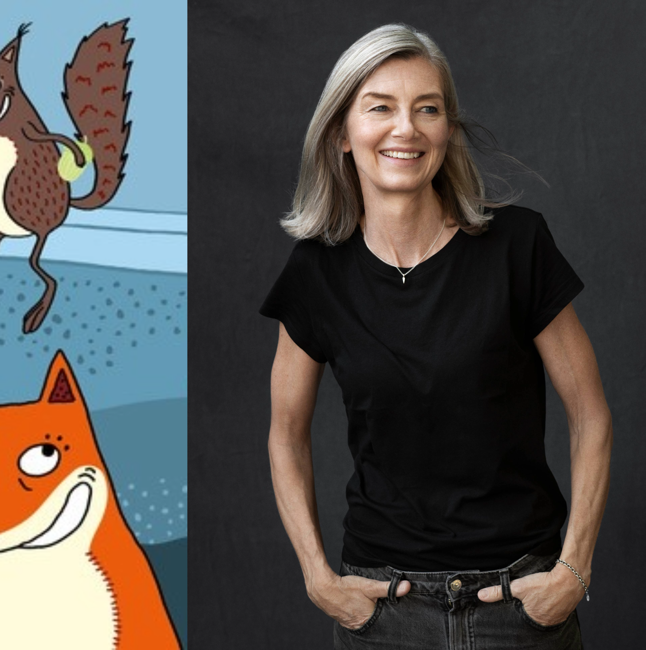 Tvådelad bild, En tecknad bild på en räv, ekorre och duva. Den andra är ett foto på en kvinna.