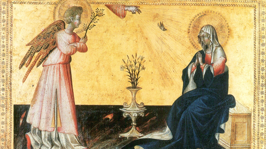 An illustaration by Giovanni di paolo. An angel and a saint