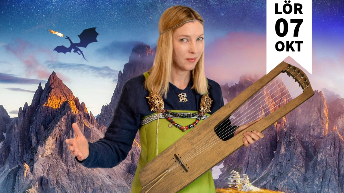 En kvinna i vikingatida kläder står mot en bakgrund av höga berg och en drake 